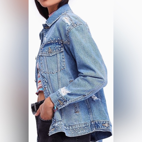 Free People Studded Denim Trucker Jacket - Picture 1 of 7